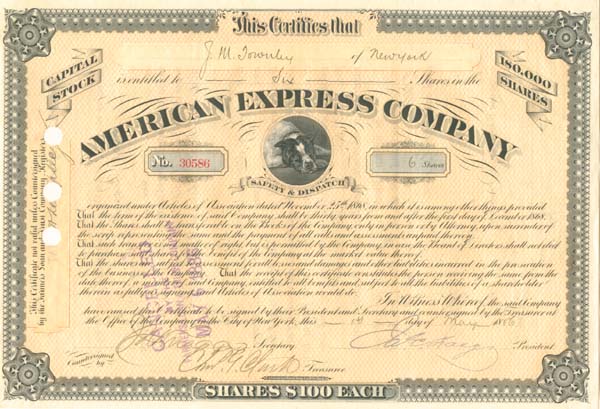 American Express Company signed by J. C. Fargo - Stock Certificate